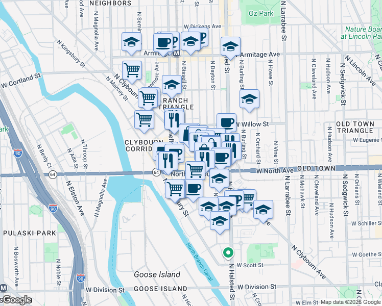 map of restaurants, bars, coffee shops, grocery stores, and more near 900 West North Avenue in Chicago