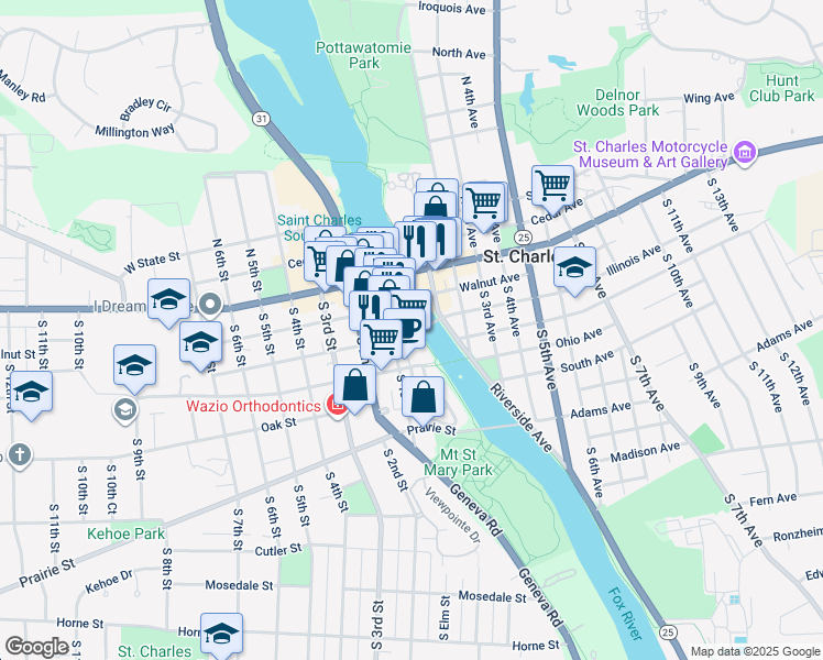 map of restaurants, bars, coffee shops, grocery stores, and more near 1 Illinois Street in St. Charles