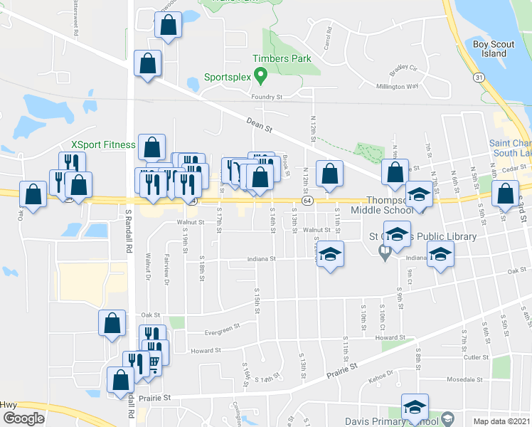 map of restaurants, bars, coffee shops, grocery stores, and more near 1405 West Main Street in St. Charles