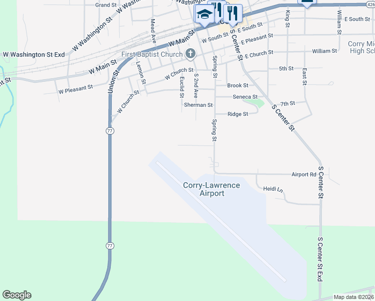 map of restaurants, bars, coffee shops, grocery stores, and more near 302 Chord Road in Corry