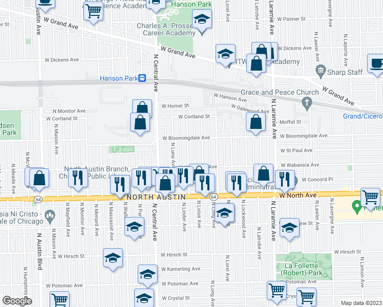 map of restaurants, bars, coffee shops, grocery stores, and more near 1729 North Linder Avenue in Chicago