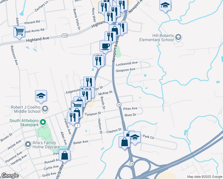 map of restaurants, bars, coffee shops, grocery stores, and more near 60 Slocum Street in Attleboro