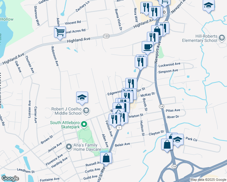 map of restaurants, bars, coffee shops, grocery stores, and more near 36 Sycamore Avenue in Attleboro