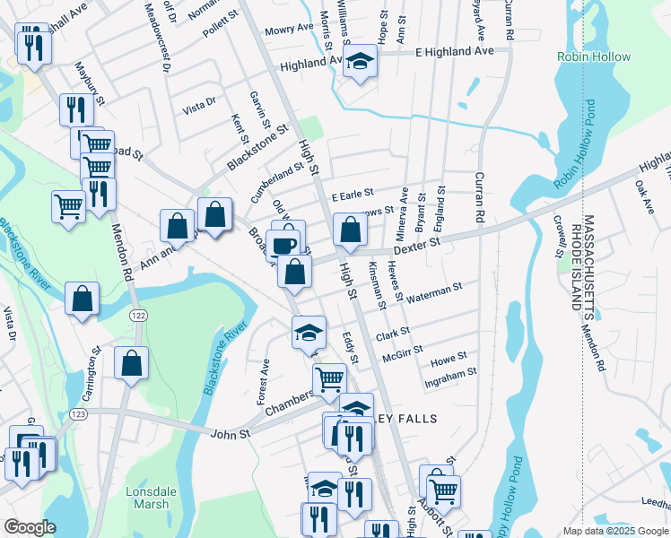 map of restaurants, bars, coffee shops, grocery stores, and more near 17 Pleasant Street in Cumberland