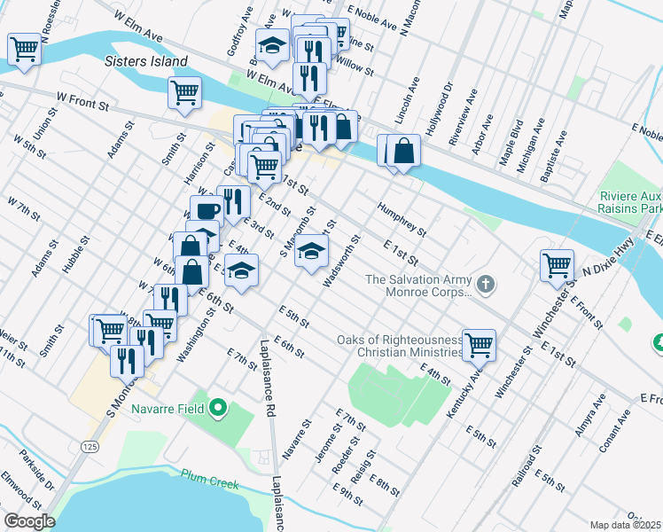 map of restaurants, bars, coffee shops, grocery stores, and more near 302 Wadsworth Street in Monroe