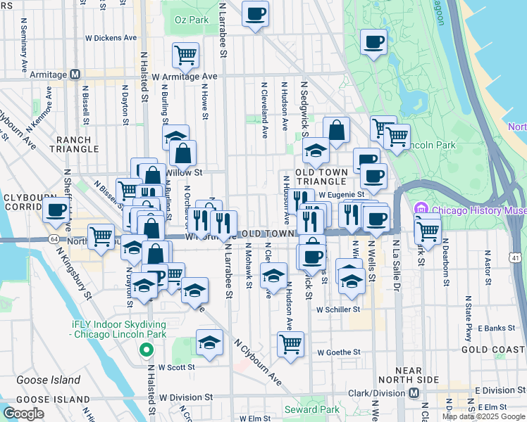 map of restaurants, bars, coffee shops, grocery stores, and more near 1615 North Mohawk Street in Chicago