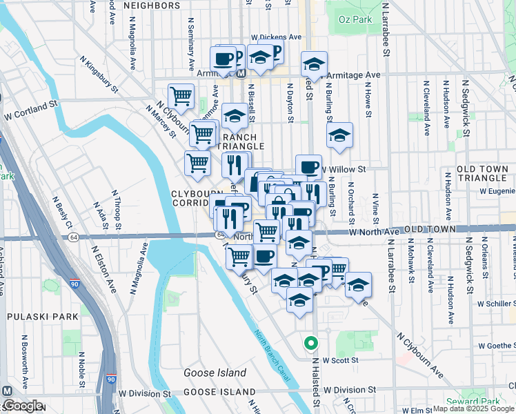 map of restaurants, bars, coffee shops, grocery stores, and more near 900 West North Avenue in Chicago