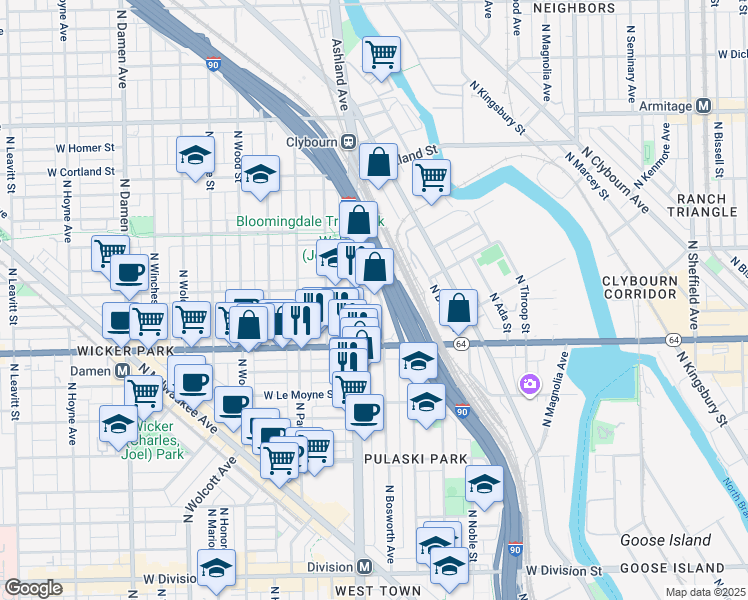 map of restaurants, bars, coffee shops, grocery stores, and more near 1629 North Ashland Avenue in Chicago