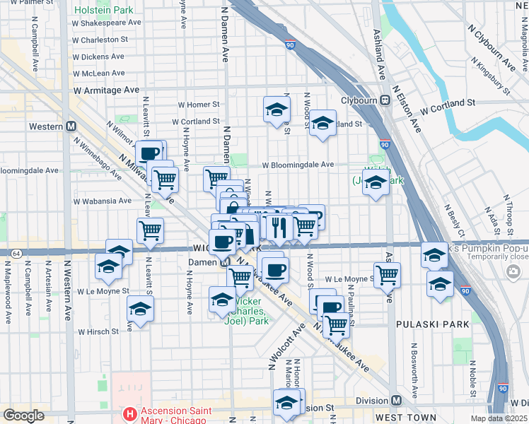 map of restaurants, bars, coffee shops, grocery stores, and more near 1635 North Wolcott Avenue in Chicago