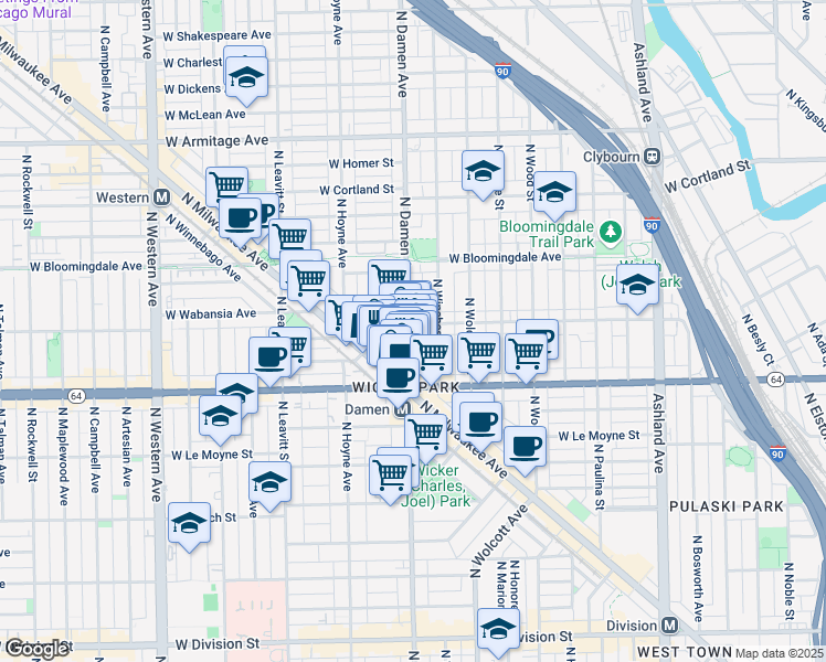 map of restaurants, bars, coffee shops, grocery stores, and more near 2013 West Concord Place in Chicago