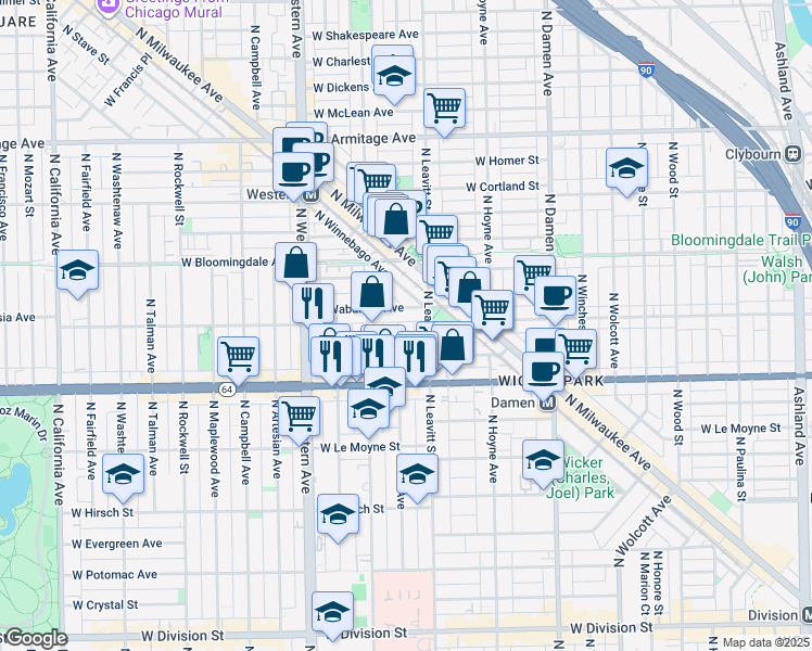 map of restaurants, bars, coffee shops, grocery stores, and more near 1638 North Bell Avenue in Chicago