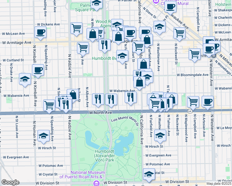 map of restaurants, bars, coffee shops, grocery stores, and more near 1642 North Richmond Street in Chicago