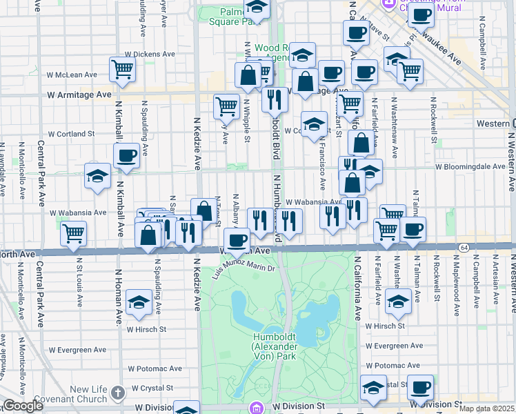 map of restaurants, bars, coffee shops, grocery stores, and more near 1644 North Whipple Street in Chicago