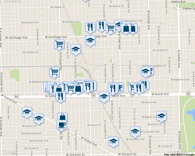 map of restaurants, bars, coffee shops, grocery stores, and more near 3721 West Wabansia Avenue in Chicago