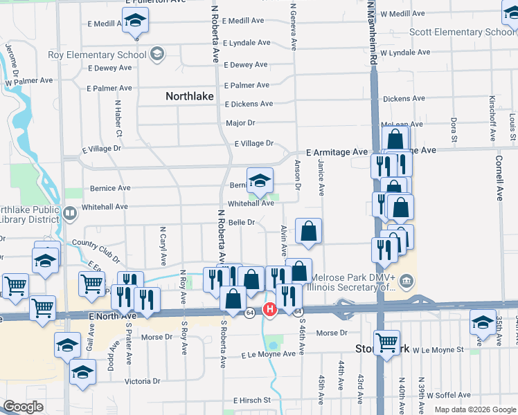 map of restaurants, bars, coffee shops, grocery stores, and more near 201 Fred Paul Court in Northlake