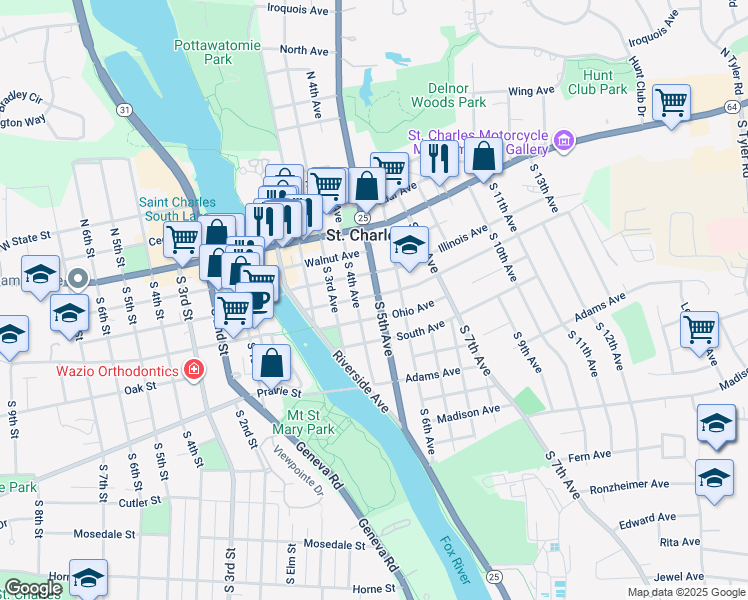 map of restaurants, bars, coffee shops, grocery stores, and more near 403 South 5th Avenue in St. Charles