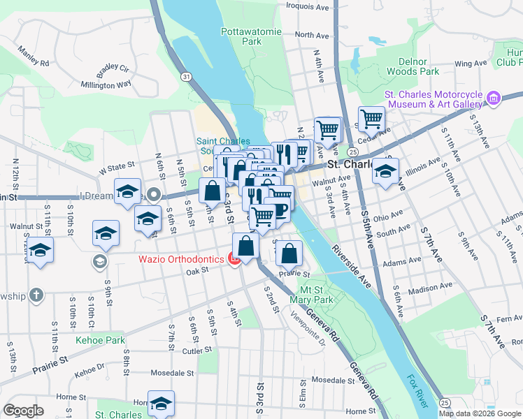 map of restaurants, bars, coffee shops, grocery stores, and more near 100 Illinois Street in St. Charles