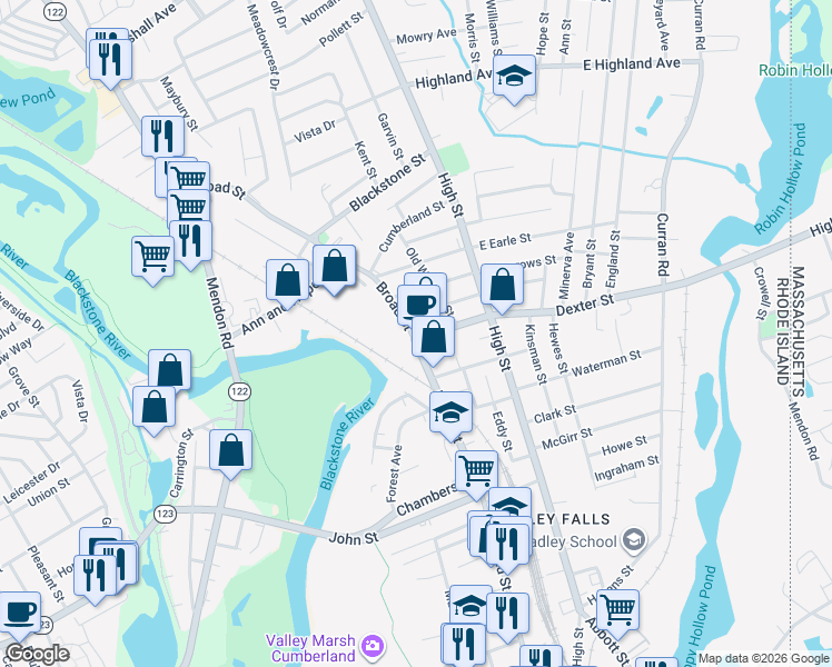 map of restaurants, bars, coffee shops, grocery stores, and more near 455 Broad Street in Cumberland