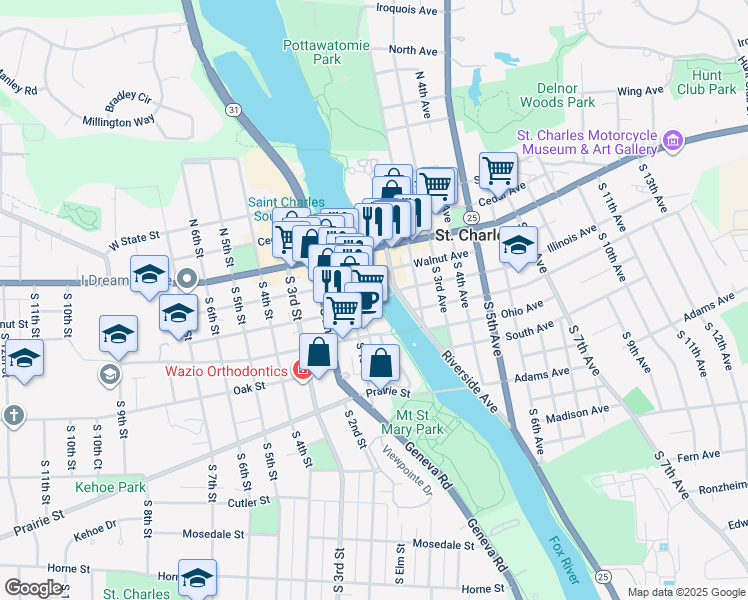 map of restaurants, bars, coffee shops, grocery stores, and more near 1 Illinois Street in St. Charles