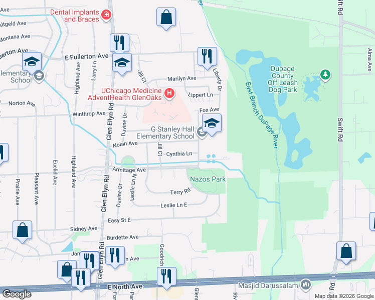 map of restaurants, bars, coffee shops, grocery stores, and more near 723 Cynthia Lane in Glendale Heights