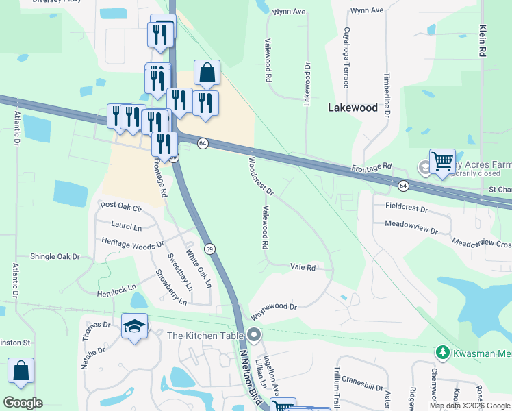 map of restaurants, bars, coffee shops, grocery stores, and more near 32 Valewood Road in West Chicago
