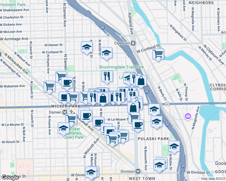 map of restaurants, bars, coffee shops, grocery stores, and more near 1715 West Wabansia Avenue in Chicago