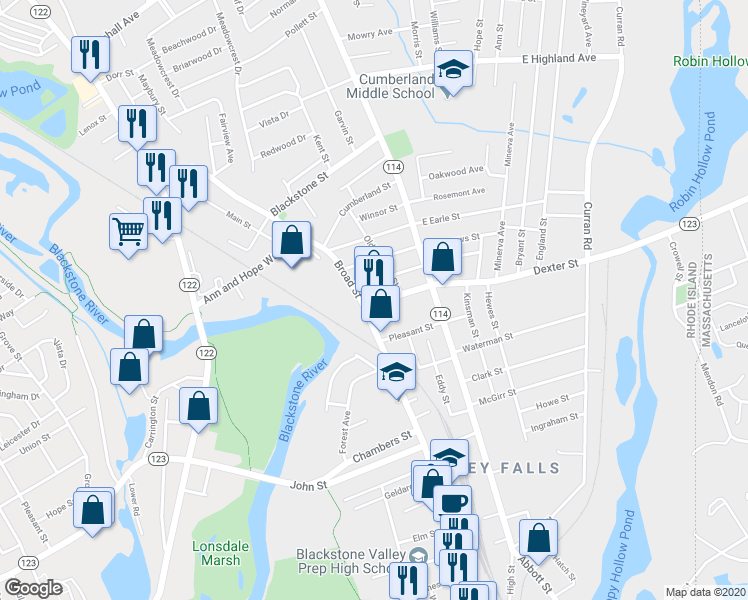 map of restaurants, bars, coffee shops, grocery stores, and more near 14 Dexter Street in Cumberland