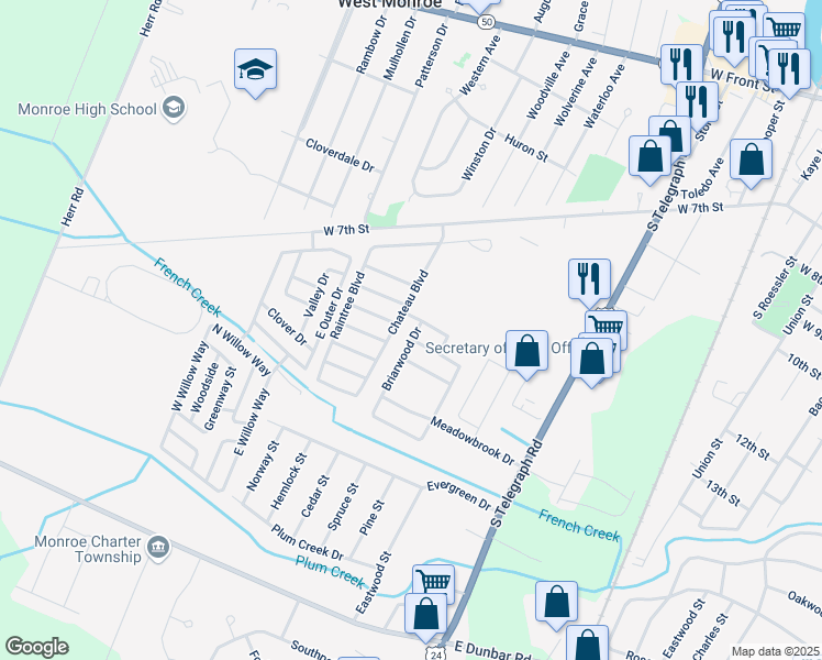 map of restaurants, bars, coffee shops, grocery stores, and more near 1212 Briarwood Drive in Monroe
