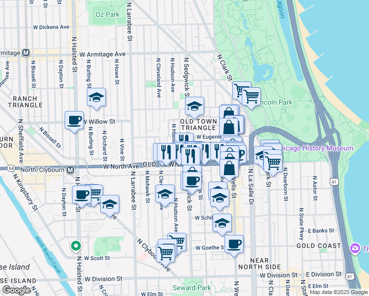 map of restaurants, bars, coffee shops, grocery stores, and more near 1612 North Sedgwick Street in Chicago