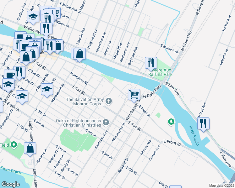 map of restaurants, bars, coffee shops, grocery stores, and more near 70 Kentucky Avenue in Monroe