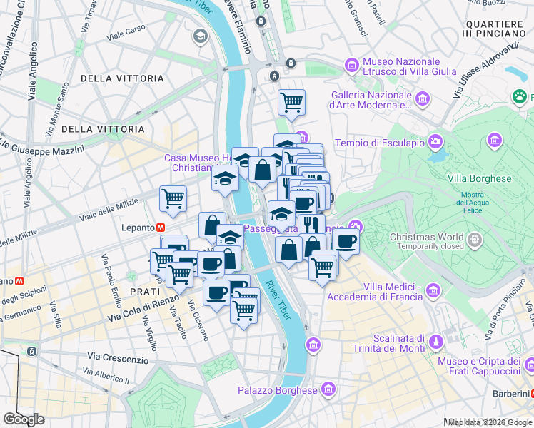 map of restaurants, bars, coffee shops, grocery stores, and more near Lungotevere Arnaldo da Brescia in Rome