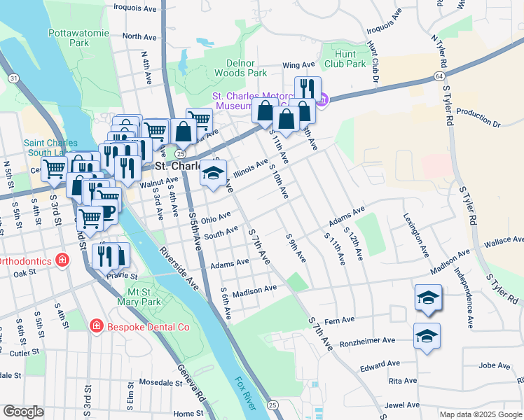 map of restaurants, bars, coffee shops, grocery stores, and more near 804 Washington Avenue in St. Charles