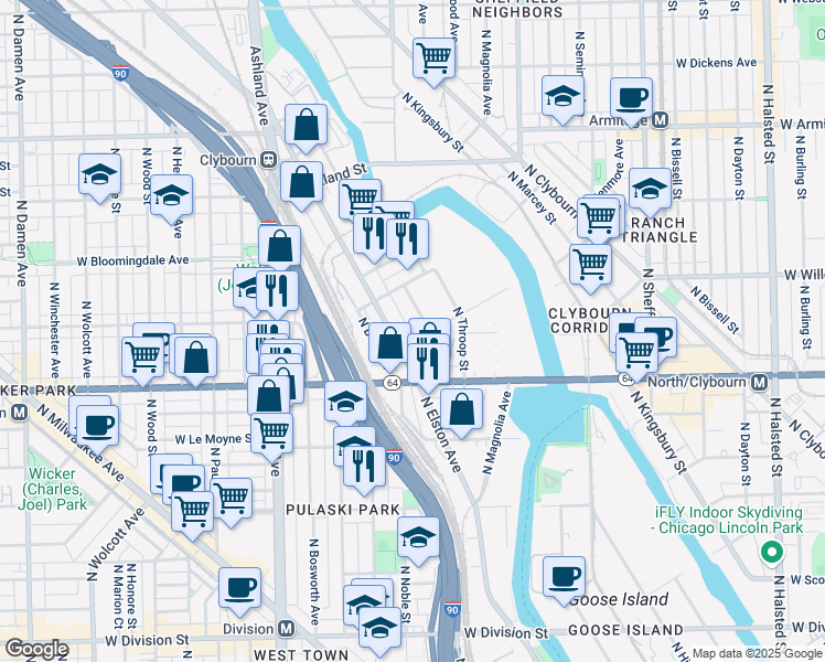 map of restaurants, bars, coffee shops, grocery stores, and more near 1628 North Elston Avenue in Chicago