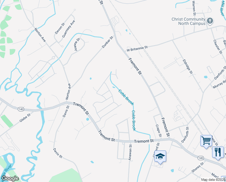 map of restaurants, bars, coffee shops, grocery stores, and more near 492 West Britannia Street in Taunton