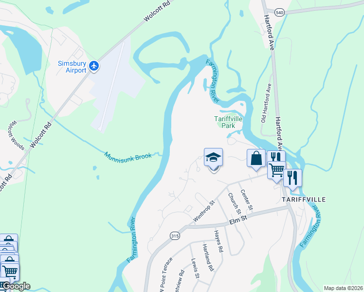 map of restaurants, bars, coffee shops, grocery stores, and more near 34 White Water Turn in Simsbury