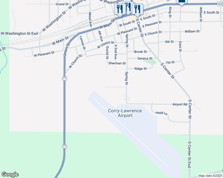 map of restaurants, bars, coffee shops, grocery stores, and more near 302 Chord Road in Corry