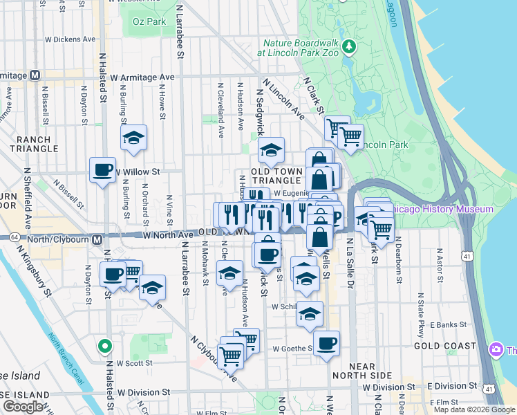 map of restaurants, bars, coffee shops, grocery stores, and more near in Chicago