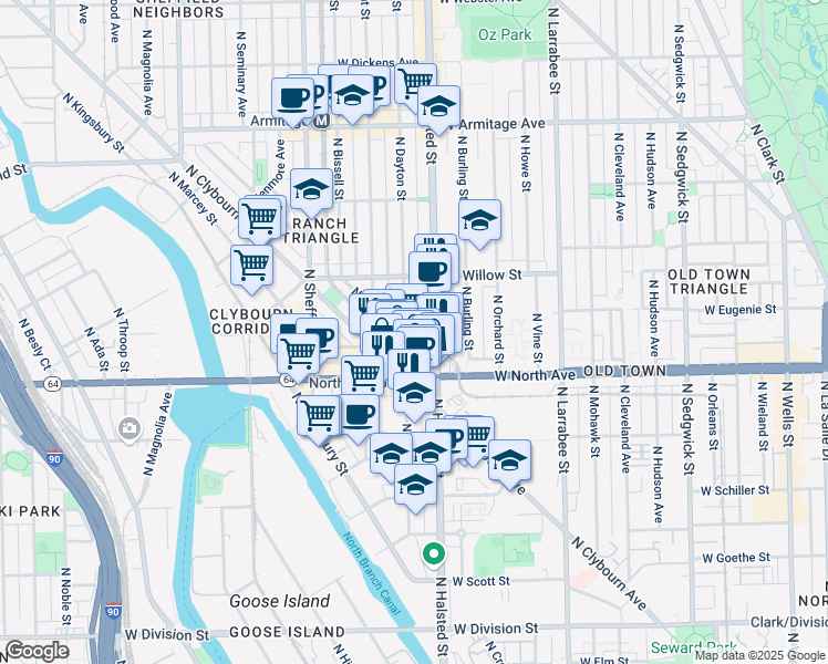 map of restaurants, bars, coffee shops, grocery stores, and more near 1611 North Clybourn Avenue in Chicago