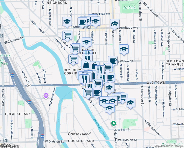 map of restaurants, bars, coffee shops, grocery stores, and more near 1615 North Sheffield Avenue in Chicago