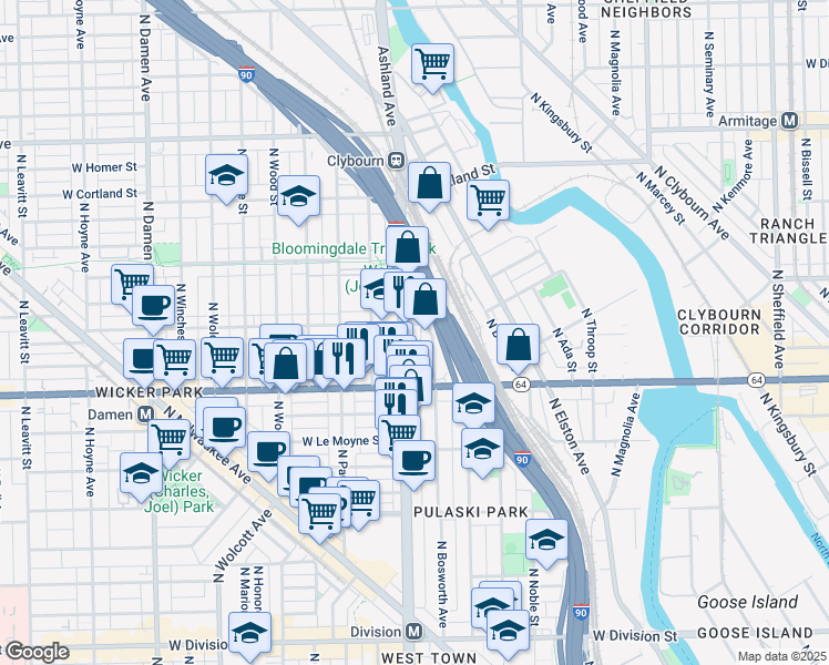 map of restaurants, bars, coffee shops, grocery stores, and more near 1629 North Ashland Avenue in Chicago