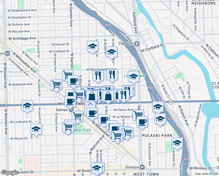 map of restaurants, bars, coffee shops, grocery stores, and more near 1637 North Wood Street in Chicago