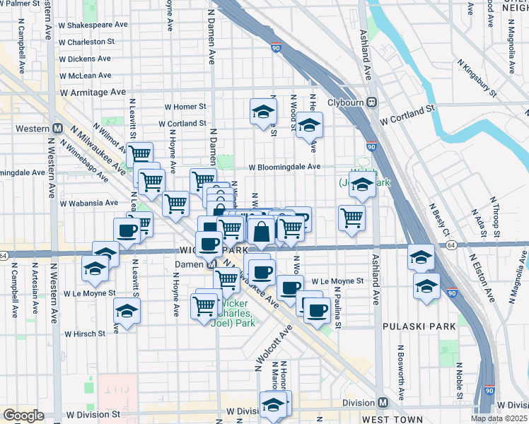map of restaurants, bars, coffee shops, grocery stores, and more near 1635 North Wolcott Avenue in Chicago