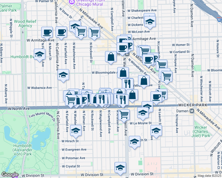 map of restaurants, bars, coffee shops, grocery stores, and more near 1638 North Campbell Avenue in Chicago