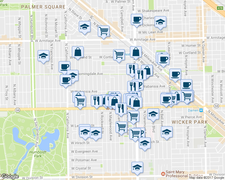 map of restaurants, bars, coffee shops, grocery stores, and more near 1638 North Campbell Avenue in Chicago