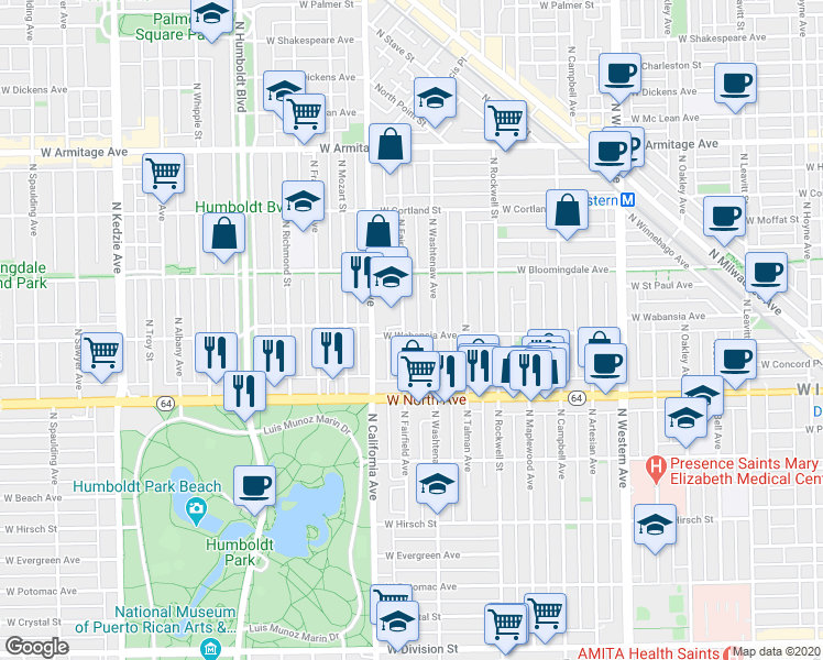map of restaurants, bars, coffee shops, grocery stores, and more near 1642 North Fairfield Avenue in Chicago
