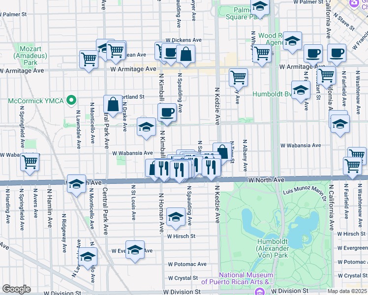 map of restaurants, bars, coffee shops, grocery stores, and more near 1643 North Spaulding Avenue in Chicago