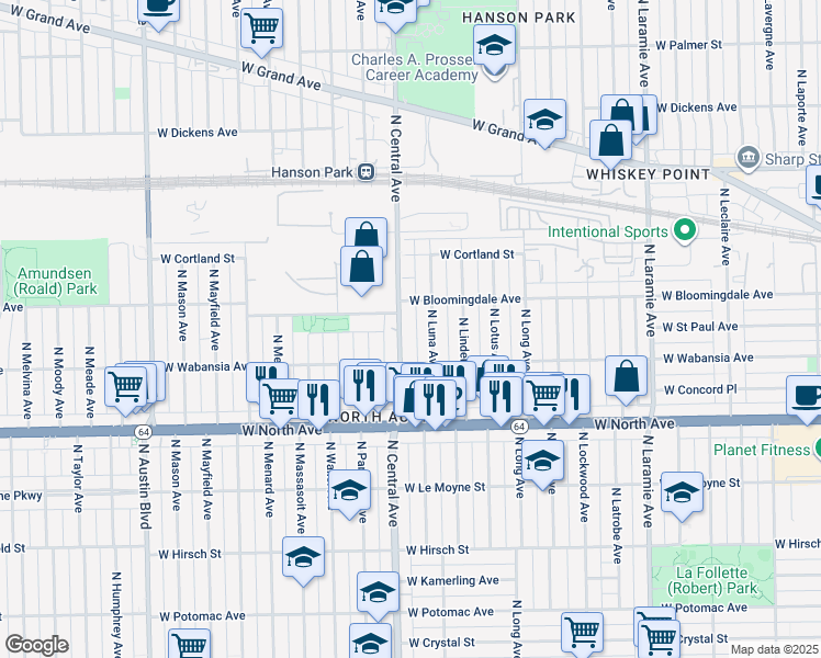 map of restaurants, bars, coffee shops, grocery stores, and more near 1711 North Central Avenue in Chicago