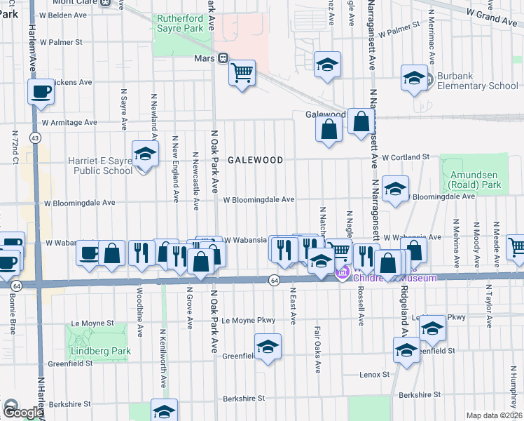 map of restaurants, bars, coffee shops, grocery stores, and more near 1717 North Normandy Avenue in Chicago