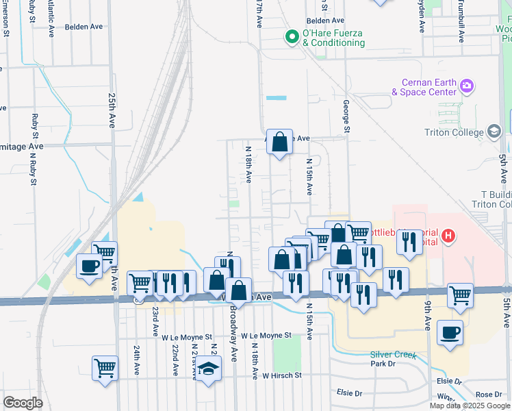 map of restaurants, bars, coffee shops, grocery stores, and more near 1978 North 17th Avenue in Melrose Park