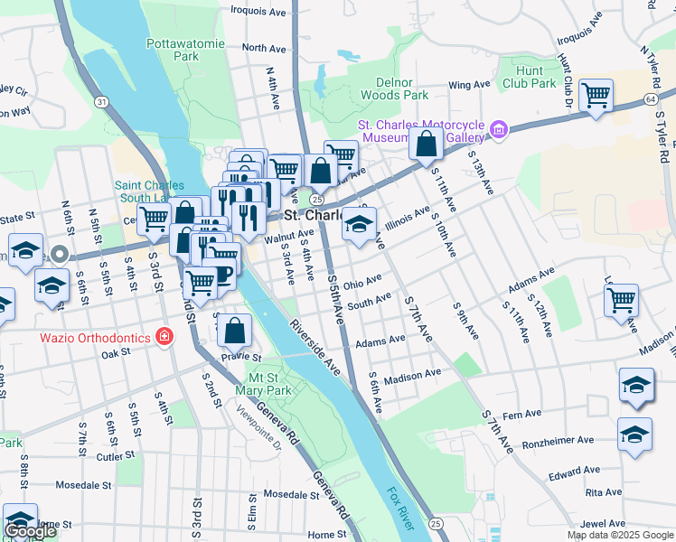 map of restaurants, bars, coffee shops, grocery stores, and more near 403 South 5th Avenue in St. Charles